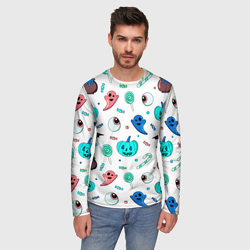 Мужской лонгслив Halloween light blue pumpkin / 3D-принт – фото 3