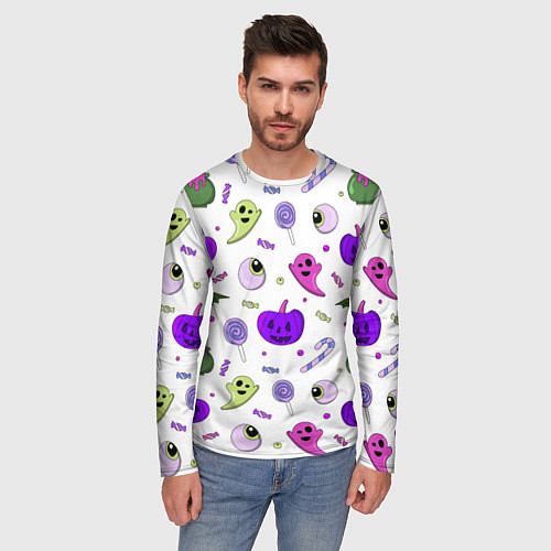 Мужской лонгслив Halloween purple pumpkin pattern / 3D-принт – фото 3