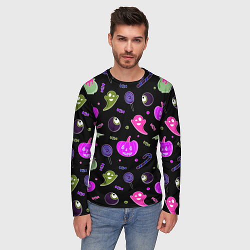Мужской лонгслив Halloween pink black pumpkin / 3D-принт – фото 3
