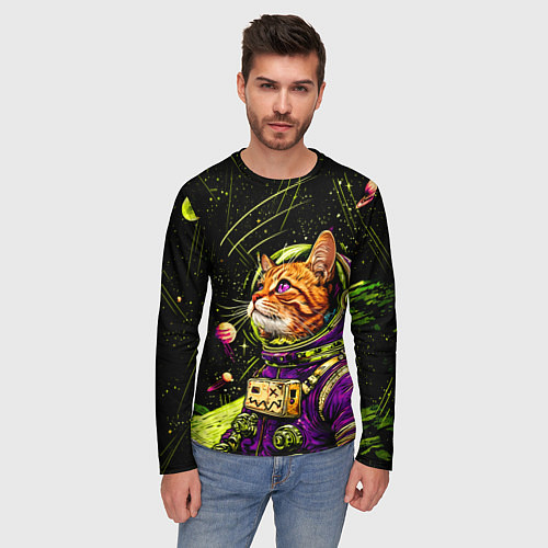 Мужской лонгслив Кислотный кот в космосе / 3D-принт – фото 3