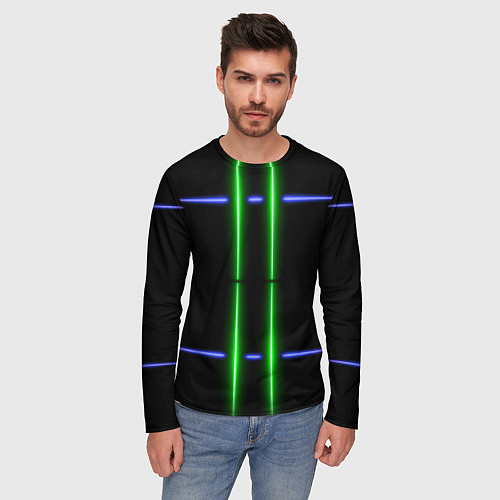 Мужской лонгслив Neon black light blue green line / 3D-принт – фото 3