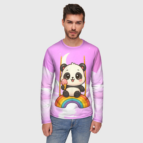 Мужской лонгслив Панда с мороженым качается на радуге / 3D-принт – фото 3