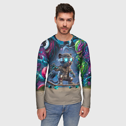 Мужской лонгслив Пантерёнок крутой скейтбордист на фоне граффити / 3D-принт – фото 3