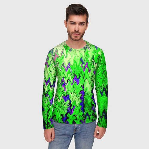 Мужской лонгслив Ярко-зелёный стекающая абстаркция / 3D-принт – фото 3