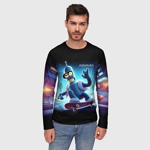 Мужской лонгслив Bender is a skateboarder in neon street - ai art / 3D-принт – фото 3