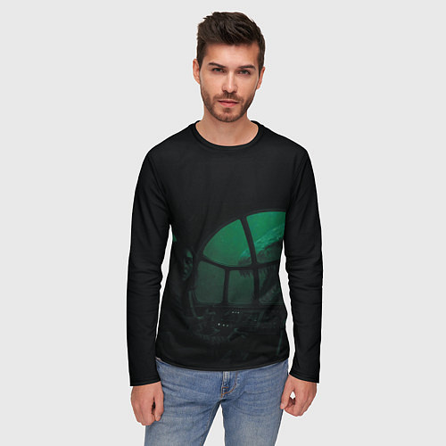 Мужской лонгслив Нападение Тилозавра на девушку в батискафе ужасы / 3D-принт – фото 3