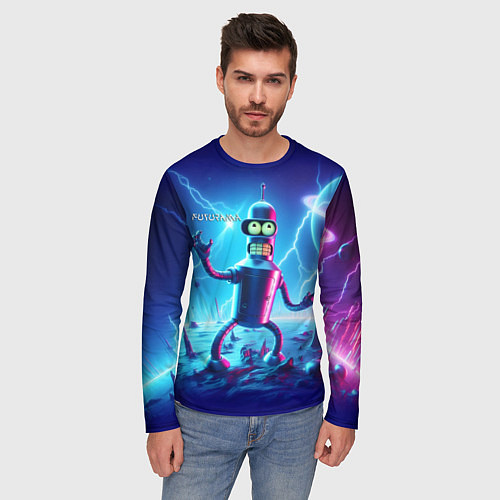 Мужской лонгслив Bender on neon planet - ai art fantasy / 3D-принт – фото 3