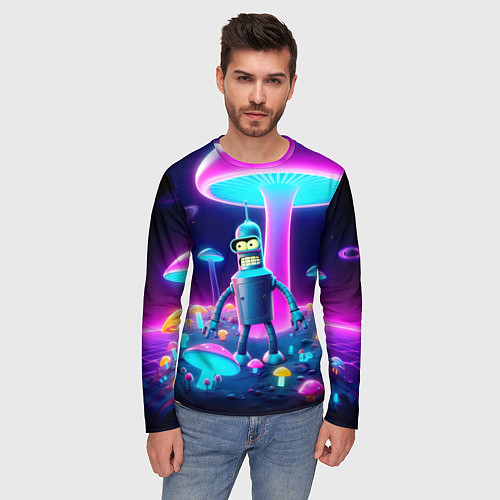 Мужской лонгслив Робот-сгибальщик Бендер на поляне неоновых грибов / 3D-принт – фото 3