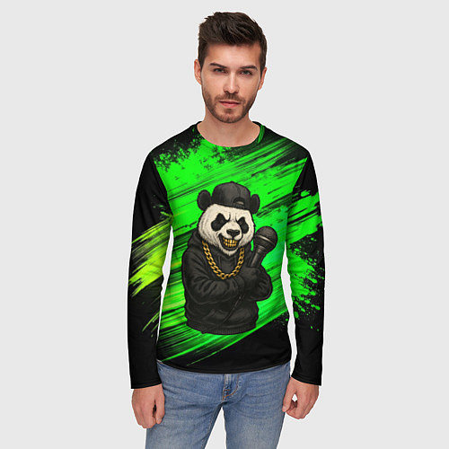 Мужской лонгслив Панда рэпер с микрофоном / 3D-принт – фото 3
