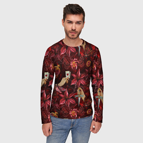 Мужской лонгслив Бордовая готика с сердцем, лилиями и мотыльками / 3D-принт – фото 3
