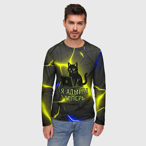 Мужской лонгслив Кот админ за ноутбуком / 3D-принт – фото 3