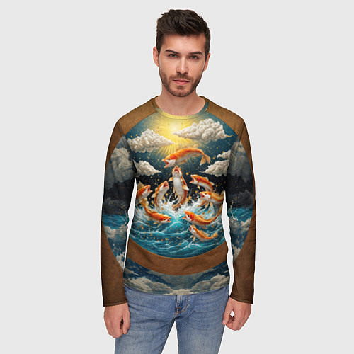 Мужской лонгслив Большие золотистые рыбы выпрыгивают из воды / 3D-принт – фото 3