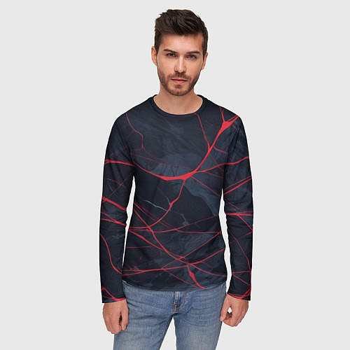 Мужской лонгслив Мраморные узоры из переплетений красных линий / 3D-принт – фото 3