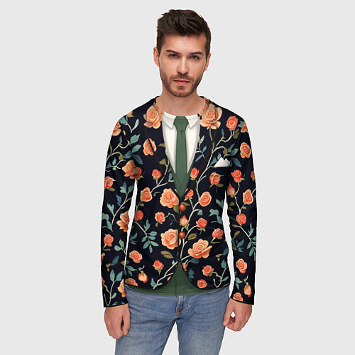 Мужской лонгслив Чёрный пиджак с яркими розами / 3D-принт – фото 3