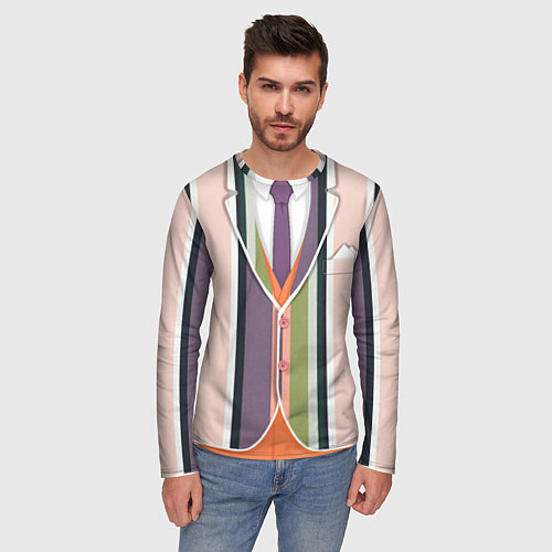 Мужской лонгслив Полосатый пиджак с оранжевым жилетом / 3D-принт – фото 3