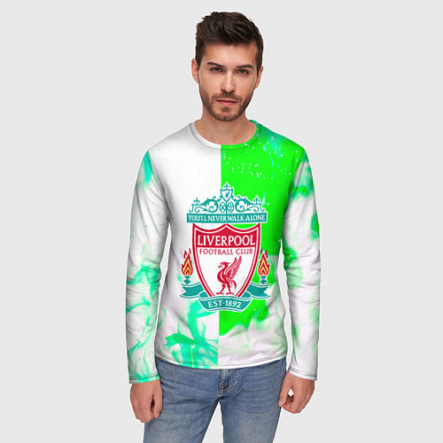 Мужской лонгслив Ливерпуль зеленый огонь текстура / 3D-принт – фото 3