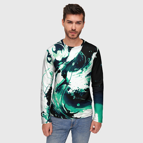 Мужской лонгслив Чёрно-зелёный абстракция волна / 3D-принт – фото 3