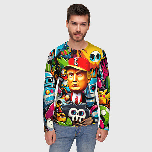 Мужской лонгслив Дональд Трамп в компании мультяшных персонажей / 3D-принт – фото 3