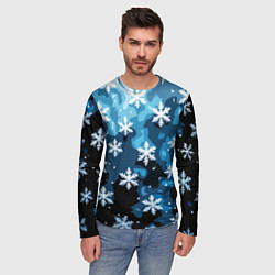 Лонгслив мужской Стилизованный паттерн со снежинками тёмно-синий, цвет: 3D-принт — фото 2