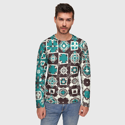 Мужской лонгслив Бирюзово-коричневая геометрическая текстура / 3D-принт – фото 3