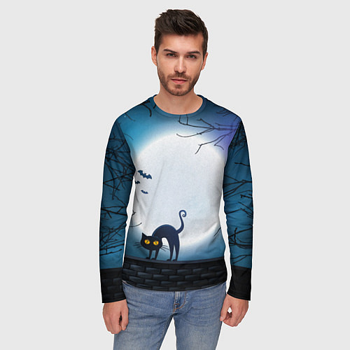 Мужской лонгслив Полнолуние и черный кот - жуткий Хэллоуин / 3D-принт – фото 3