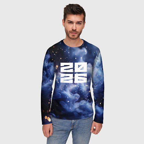 Мужской лонгслив 2026 синяя дымка с искрами / 3D-принт – фото 3