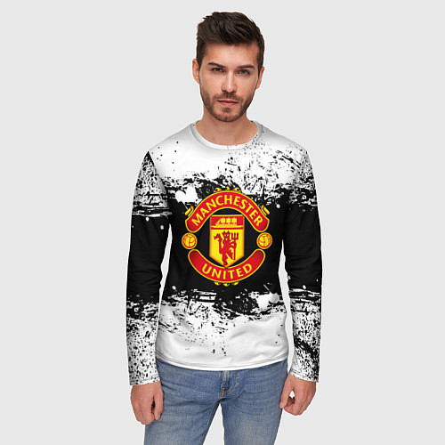 Мужской лонгслив Манчестер Юнайтед черно белые краски лого / 3D-принт – фото 3
