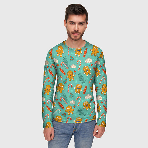 Мужской лонгслив Новогодний паттерн печенье с конфетами / 3D-принт – фото 3