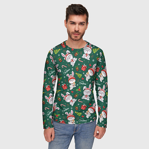Мужской лонгслив Новогодние зайчики / 3D-принт – фото 3