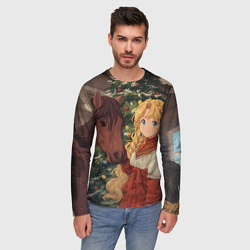 Мужской лонгслив Аниме девочка с лошадкой встречают Новый год / 3D-принт – фото 3