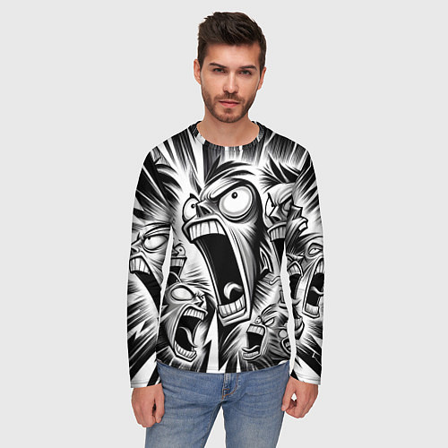 Мужской лонгслив Орущие рожицы и чёрные молнии - нейроарт / 3D-принт – фото 3