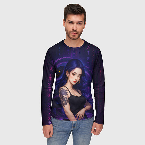 Мужской лонгслив Девушка с тату на руке и пурпурная змея / 3D-принт – фото 3