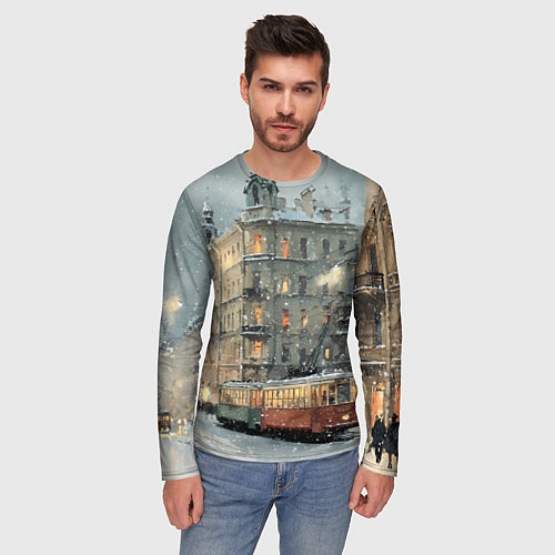 Мужской лонгслив Трамваи в зимнем Санкт-Петербурге / 3D-принт – фото 3