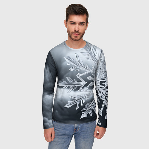 Мужской лонгслив Снежинка на черно белое / 3D-принт – фото 3