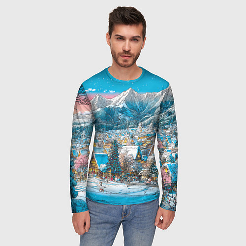 Мужской лонгслив Новогодняя деревушка в горах / 3D-принт – фото 3