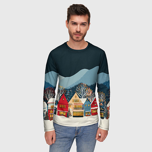 Мужской лонгслив Новогодний городок в горах / 3D-принт – фото 3