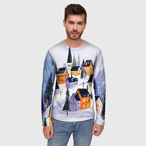 Мужской лонгслив Новогодние домики на горе / 3D-принт – фото 3