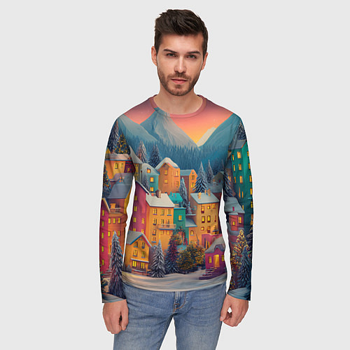 Мужской лонгслив Новогодний город в горах / 3D-принт – фото 3