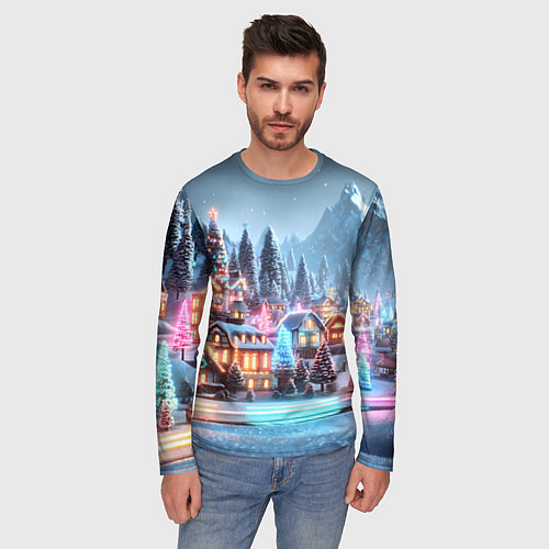 Мужской лонгслив Городок в новогодних огоньках / 3D-принт – фото 3
