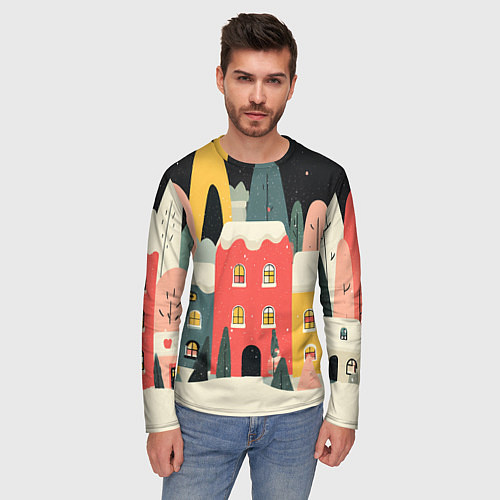 Мужской лонгслив Разноцветные новогодние дома / 3D-принт – фото 3