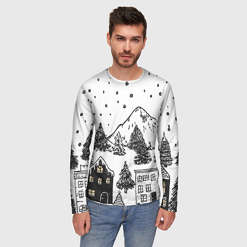 Мужской лонгслив Заснеженный черно-белый город / 3D-принт – фото 3