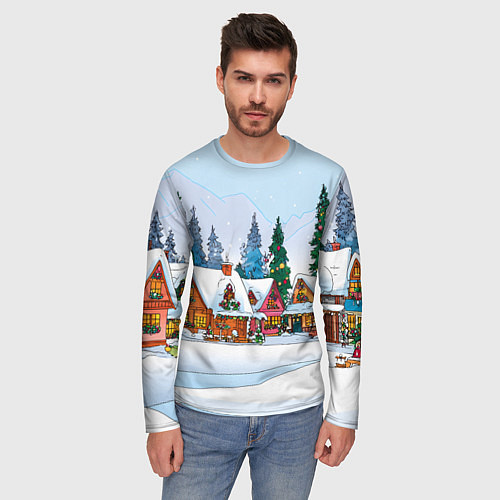 Мужской лонгслив Новогодник дворик / 3D-принт – фото 3