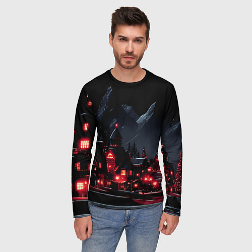 Мужской лонгслив Новогодняя ночь и красные гирлянды / 3D-принт – фото 3