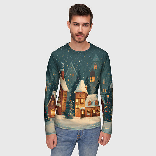 Мужской лонгслив Сказочный Новогодний городок / 3D-принт – фото 3