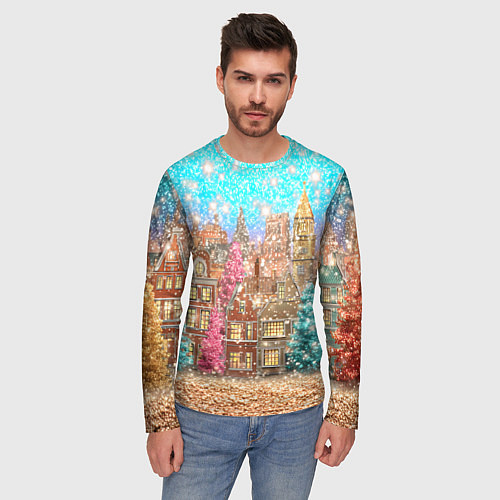 Мужской лонгслив Новогодний город в блестках / 3D-принт – фото 3