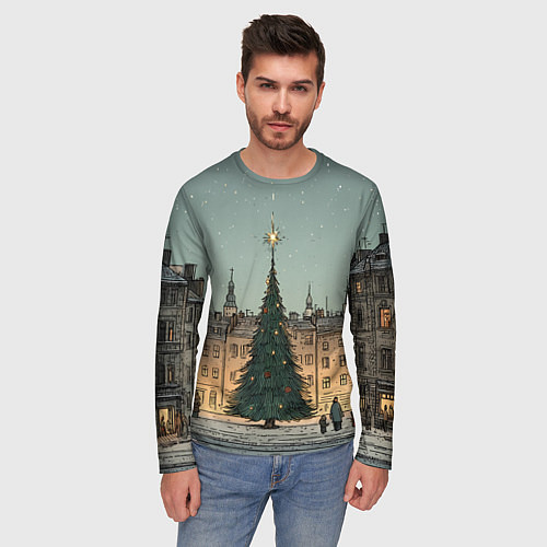 Мужской лонгслив Новогодняя елка во дворе / 3D-принт – фото 3