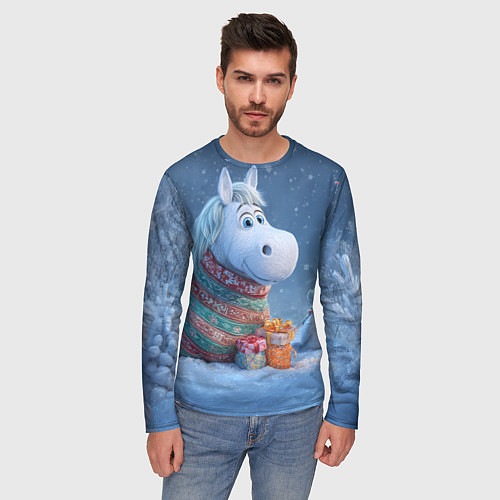 Мужской лонгслив Новогодняя лошадь с подарками / 3D-принт – фото 3