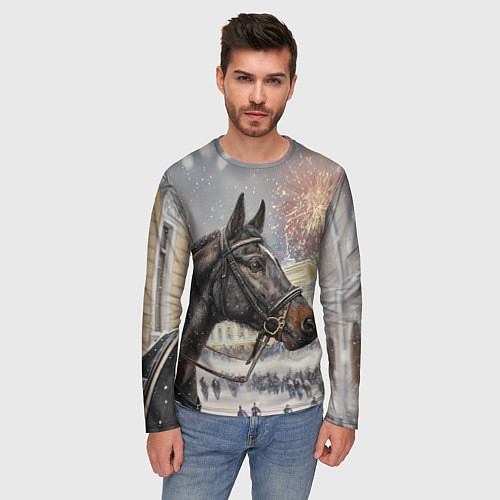Мужской лонгслив Конь на фоне салюта / 3D-принт – фото 3