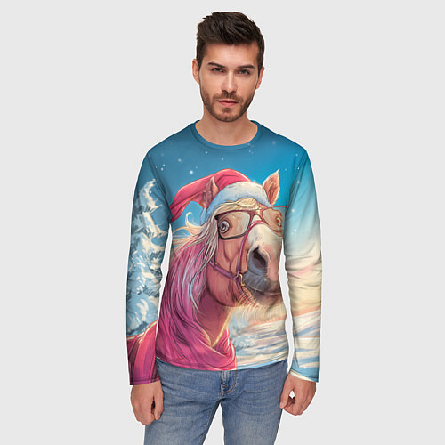 Мужской лонгслив Новогодняя лошадь в очках / 3D-принт – фото 3