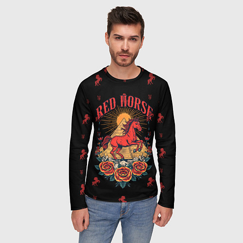 Мужской лонгслив Красная лошадь на фоне пирамиды / 3D-принт – фото 3